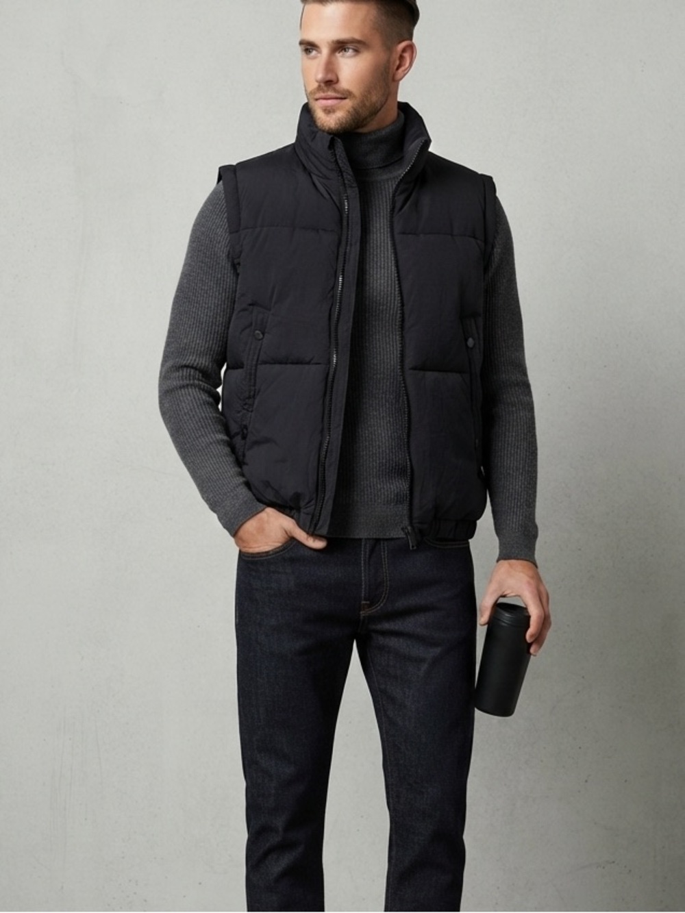 Classic Puffer Vest in Black- Sleeveless Zip Front- Unisex
